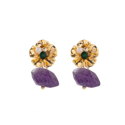 Boucles d'Oreilles Fleur avec Pierre Pendante – Violet ou Vert | Twinolo