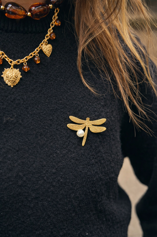 Broche Libellule Dorée avec Perle – Acier Inoxydable – Élégante & Intemporelle | TWINOLO