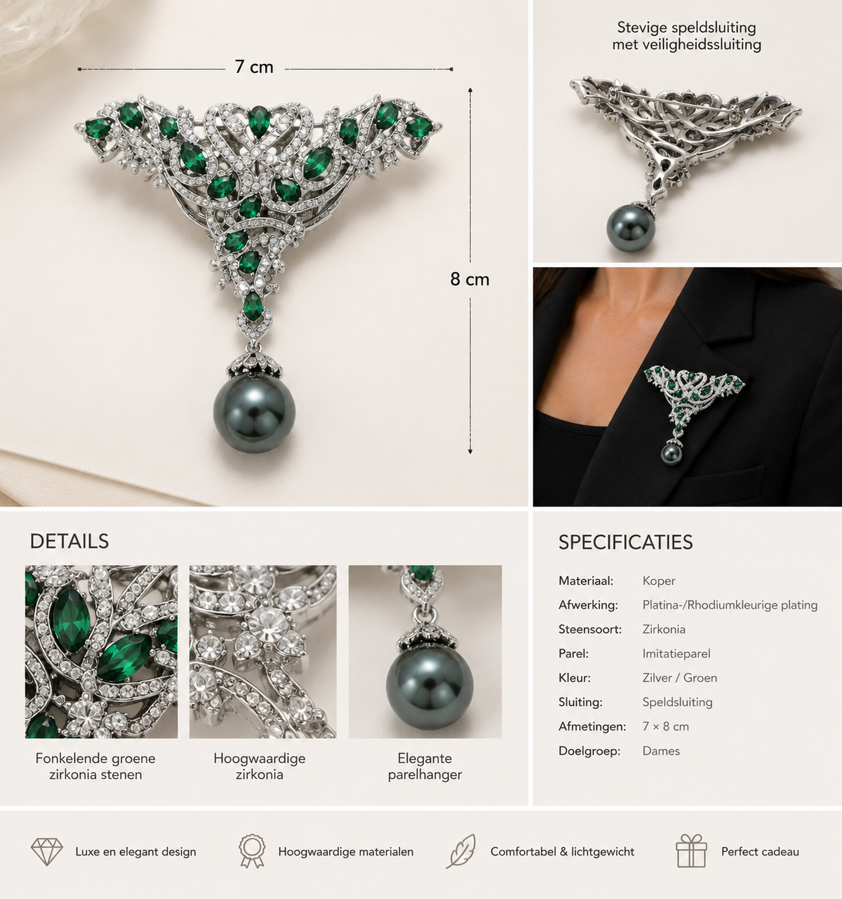 Luxe Broche met Groene Zirkonia en Parel – Zilverkleurige Dames Broche | Twinolo