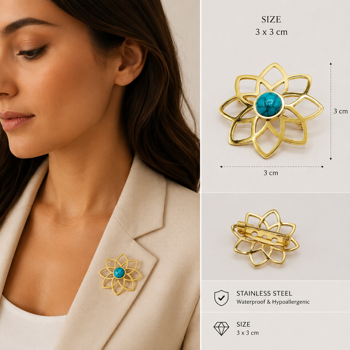 Broche Fleur Dorée avec Détail Turquoise | Twinolo