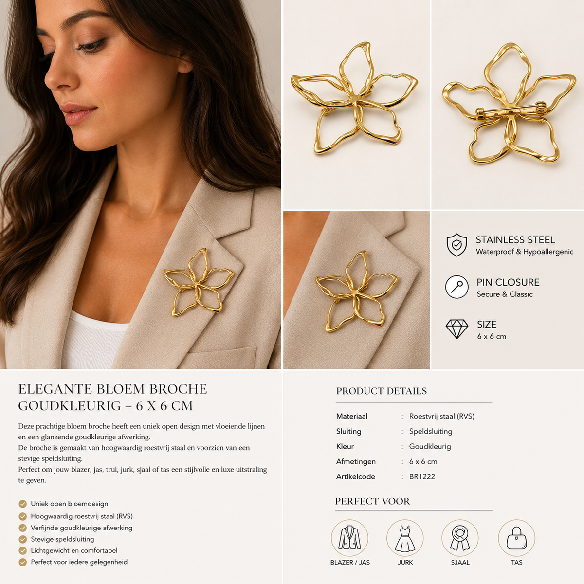 Broche Fleur Ouverte Dorée – Acier Inoxydable | Twinolo