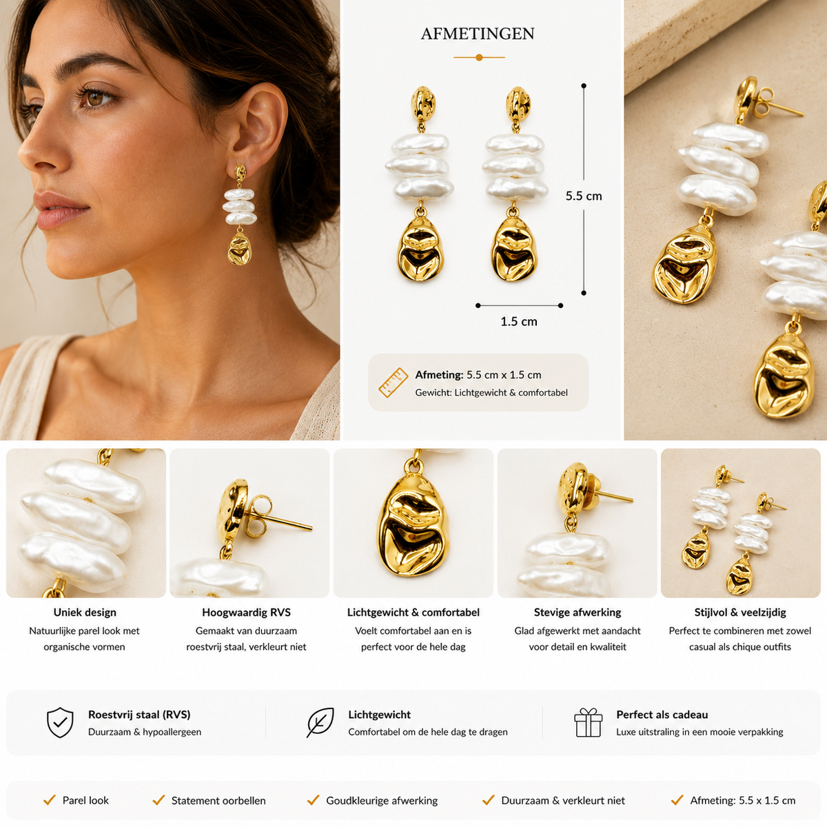 Boucles d'oreilles tendance effet nacre – Doré | Twinolo