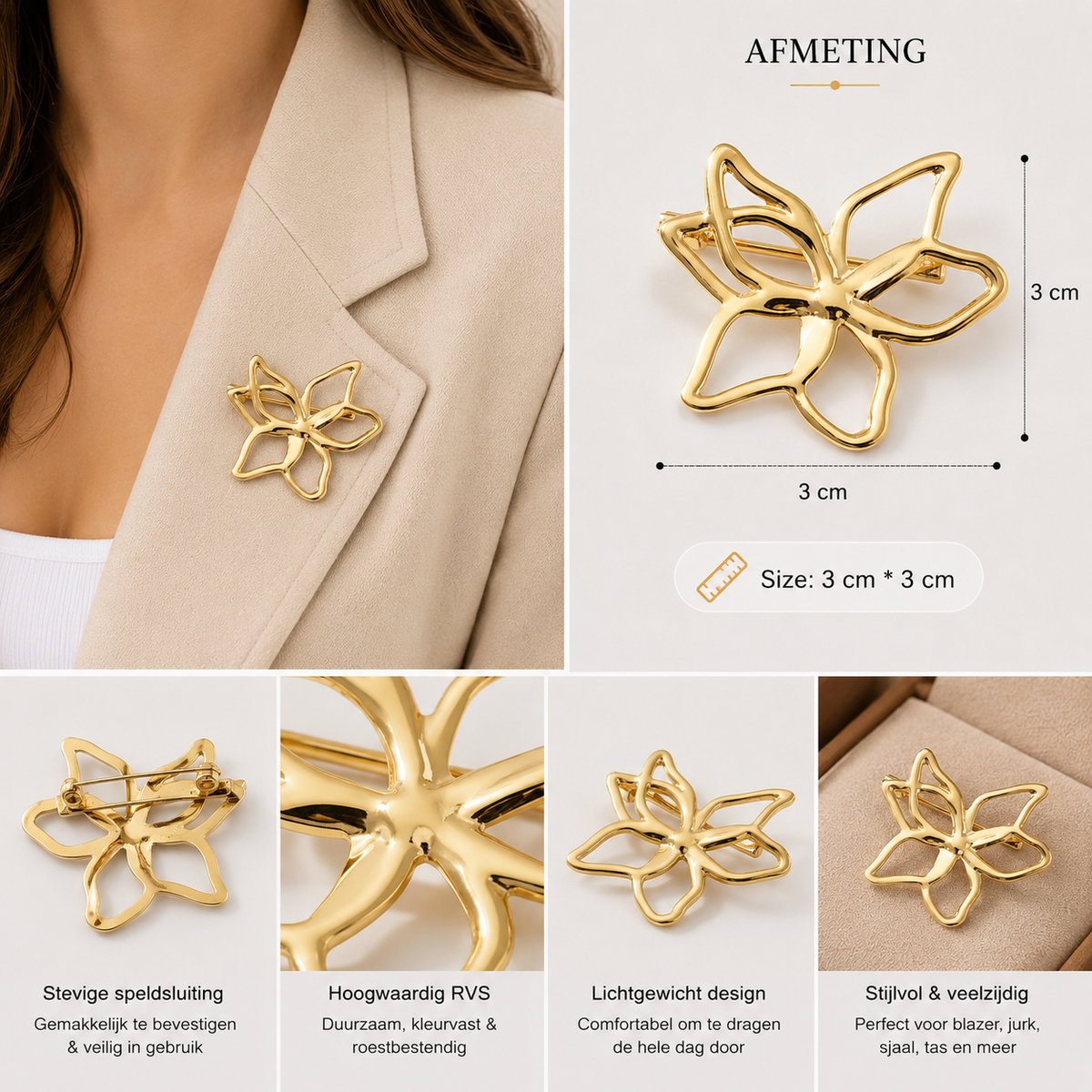 Broche Fleur Ouverte Dorée – Acier Inoxydable | Twinolo