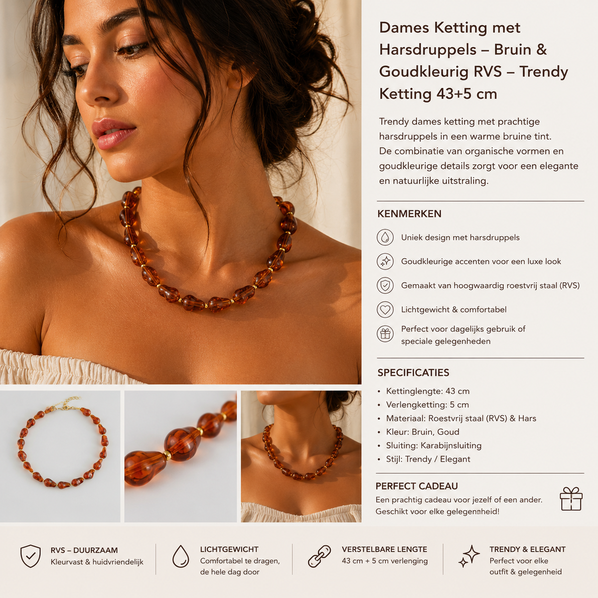 Collier Femme Marron avec Perles en Résine – Acier Inoxydable Doré – Collier Tendance | Twinolo