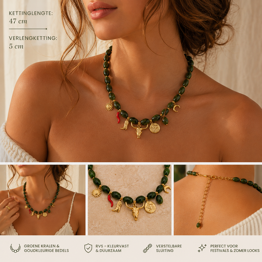 Dames Kralen Ketting met Bedels – Groen & Goudkleurig | Twinolo