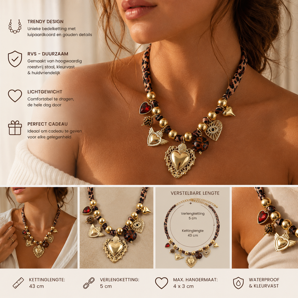 Collier Bohème Femme avec Breloques – Cordon Léopard & Acier Inoxydable Doré – Collier Tendance | Twinolo