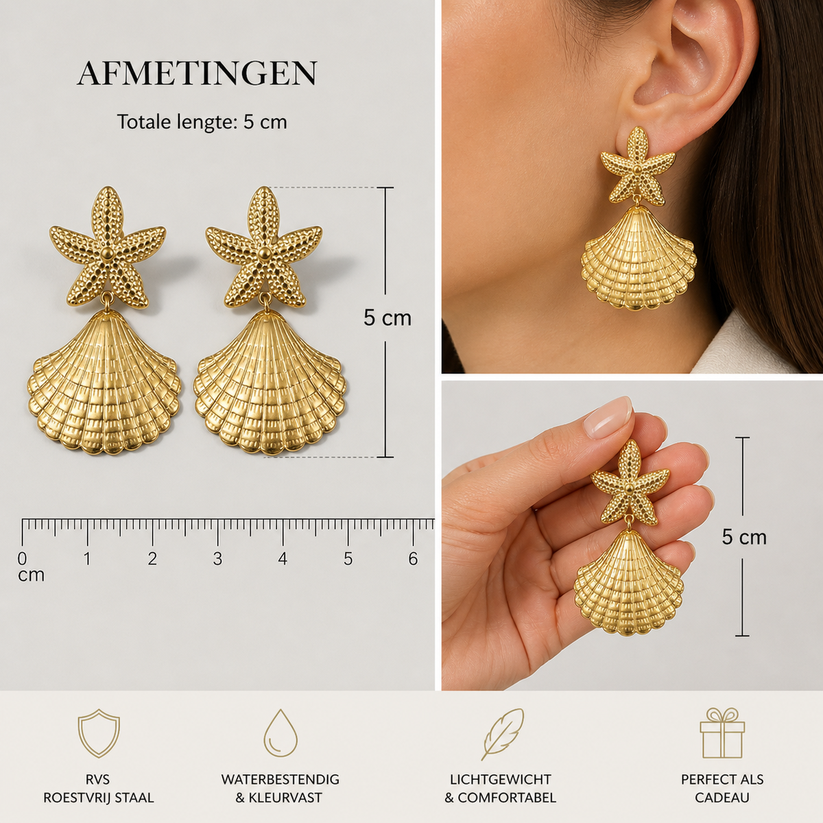 Gold-colored Earrings Ladies - Starfish and Shell Design - Stainless Steel Statement | Twinolo