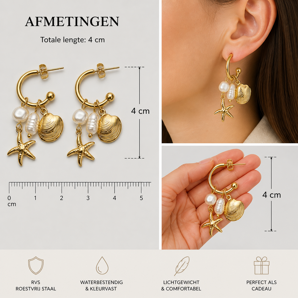 Boucles d'oreilles pendantes pour femmes – Acier inoxydable doré – Boucles d'oreilles Coquillage, Étoile de mer & Perle | Twinolo