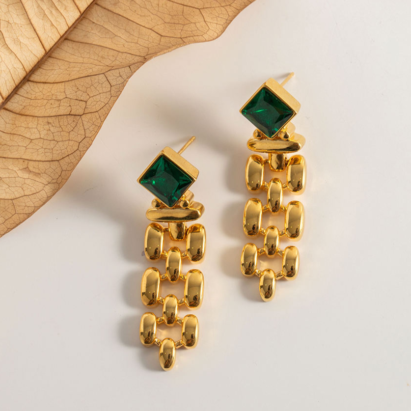 Boucles d'oreilles clous avec pierre verte carrée – Design classique | Twinolo
