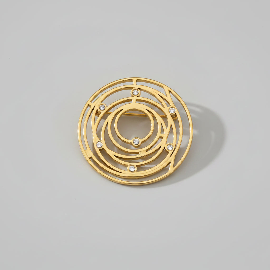 Gouden Cirkel Broche met Kristallen – Roestvrij Staal – Modern Design | Twinolo