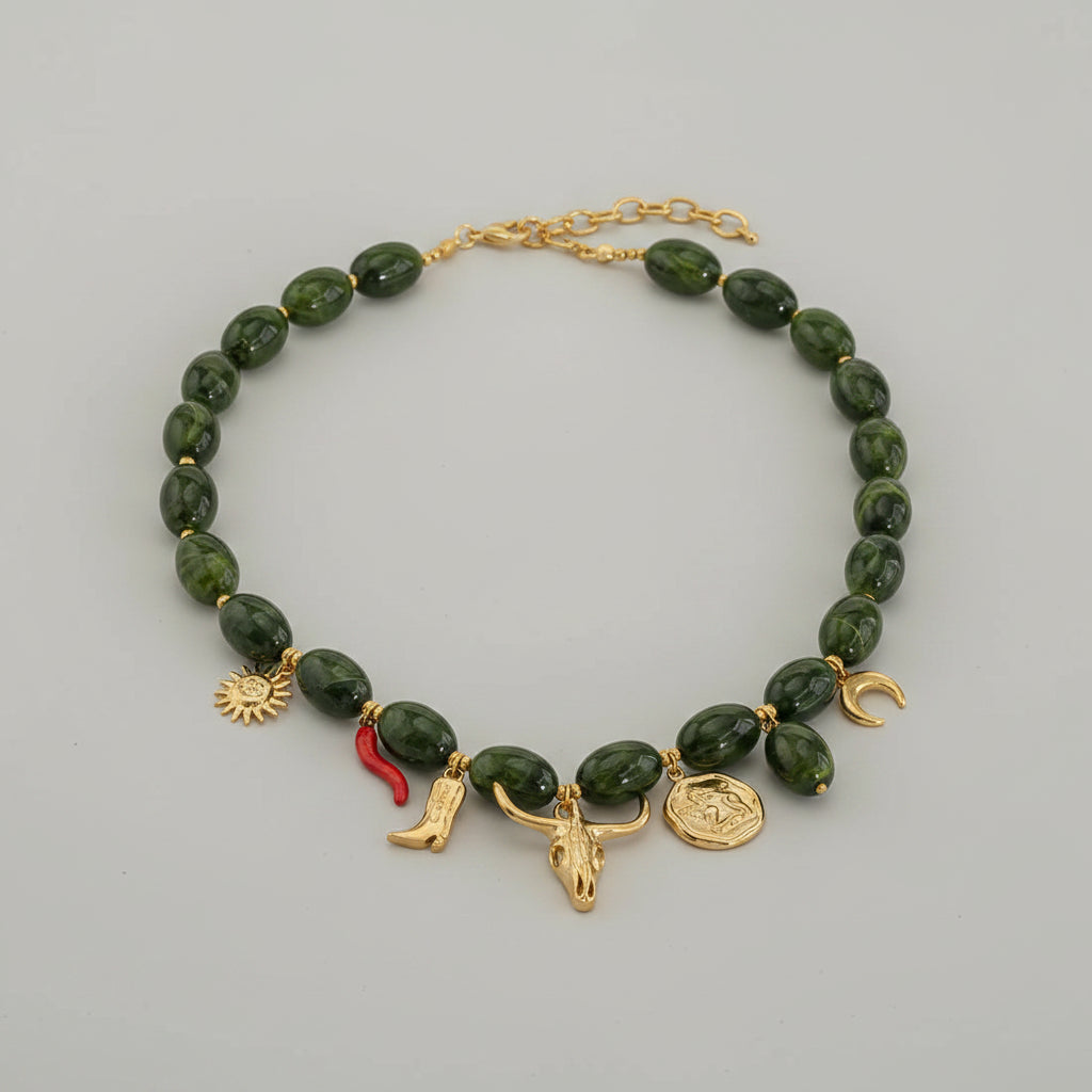 Dames Kralen Ketting met Bedels – Groen & Goudkleurig | Twinolo