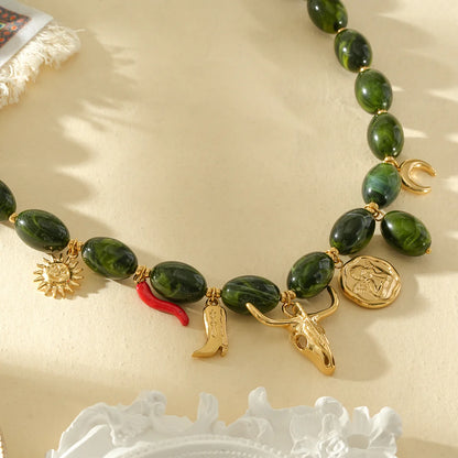 Dames Kralen Ketting met Bedels – Groen & Goudkleurig | Twinolo