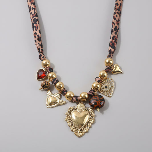 Boho Dames Ketting met Bedels – Luipaardkoord & Goudkleurig RVS – Statement Ketting | Twinolo
