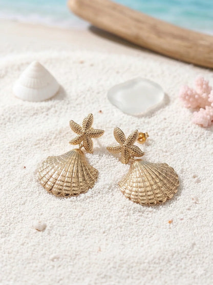 Goudkleurige Oorbellen Dames – Zeester en Schelp Design – RVS Statement | Twinolo