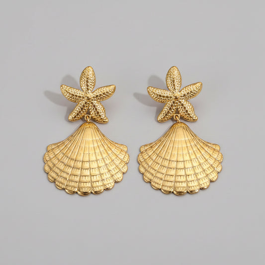 Boucles d'oreilles dorées pour femme – Design Étoile de mer et Coquillage – Acier inoxydable | Twinolo