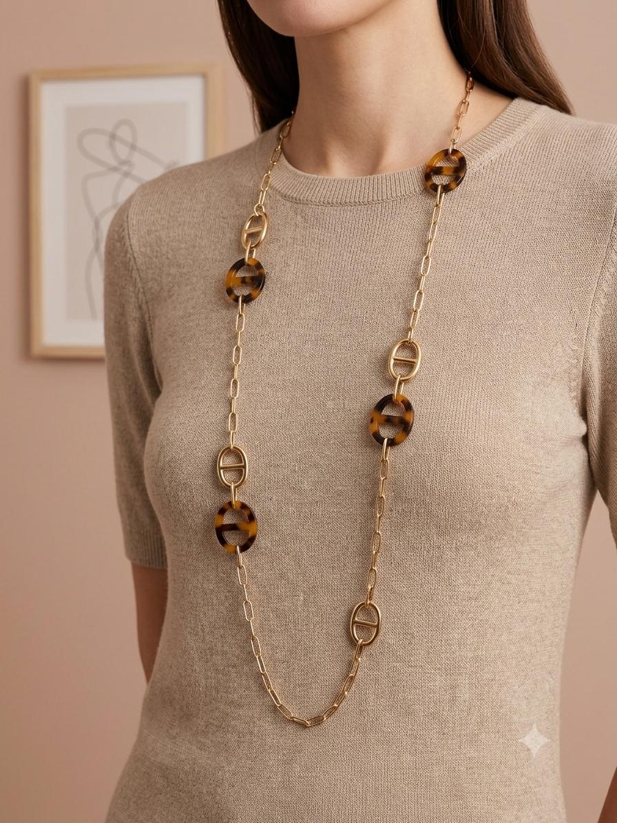Lange Statement Ketting met Resin Details – Goudkleurig – RVS | TWINOLO