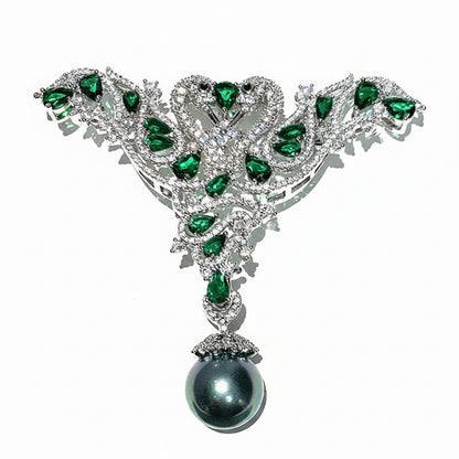 Broche de luxe avec zircone verte et perle – Broche femme couleur argentée | Twinolo