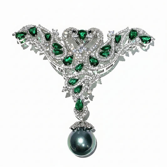Luxe Broche met Groene Zirkonia en Parel – Zilverkleurige Dames Broche | Twinolo