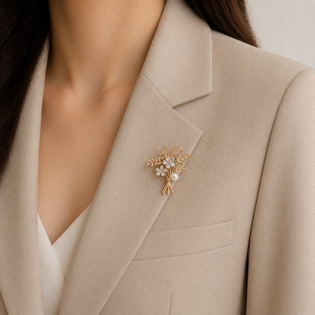 💐 Gouden Bloemenboeket Broche met Parel en Kristallen | Twinolo