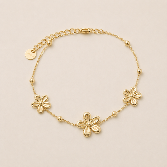 Bloemenarmband Goudkleurig met 3 Bloemen | TWINOLO