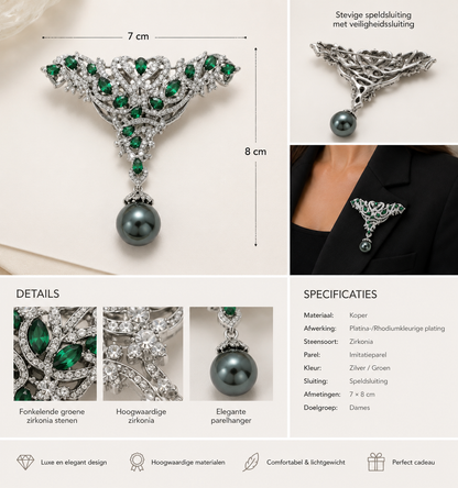 Broche de luxe avec zircone verte et perle – Broche femme couleur argentée | Twinolo