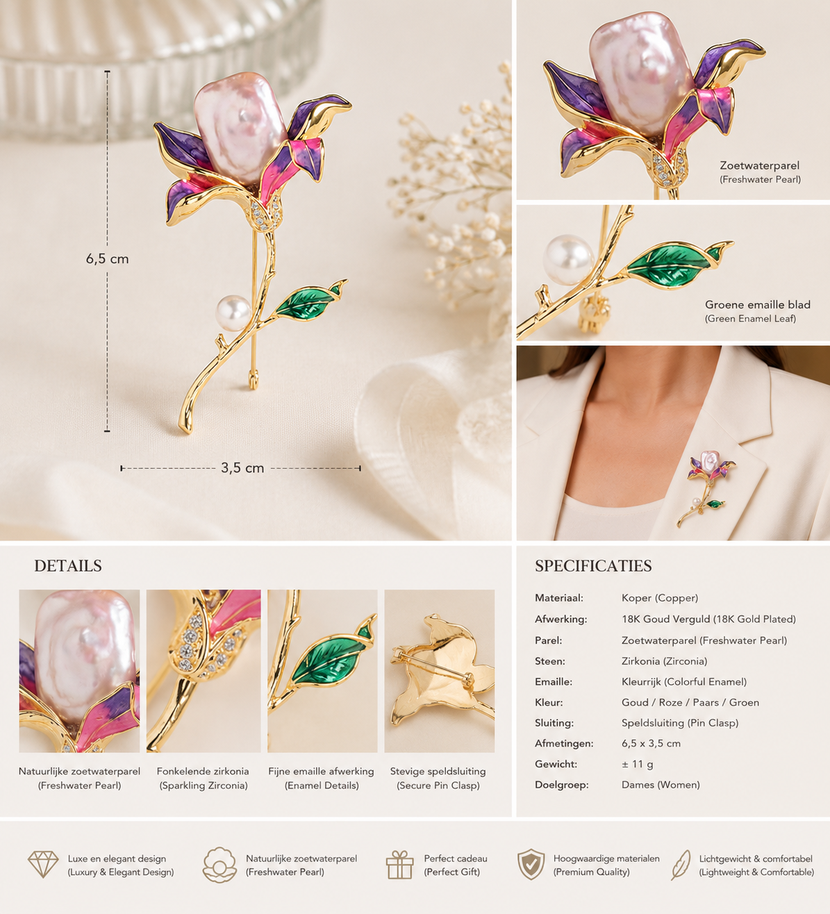 Luxe Bloemenbroche met Zoetwaterparel – 18K Verguld | Twinolo