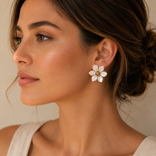 Flower Statement Oorbellen met Parelmoer Effect – Goudkleurig | Twinolo