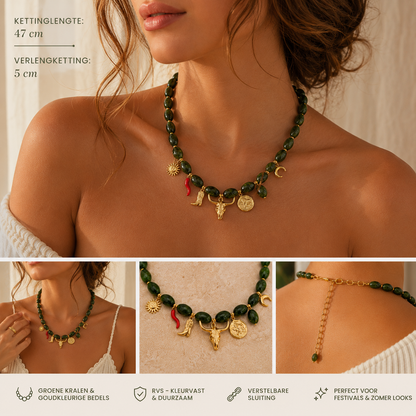 Dames Kralen Ketting met Bedels – Groen & Goudkleurig | Twinolo