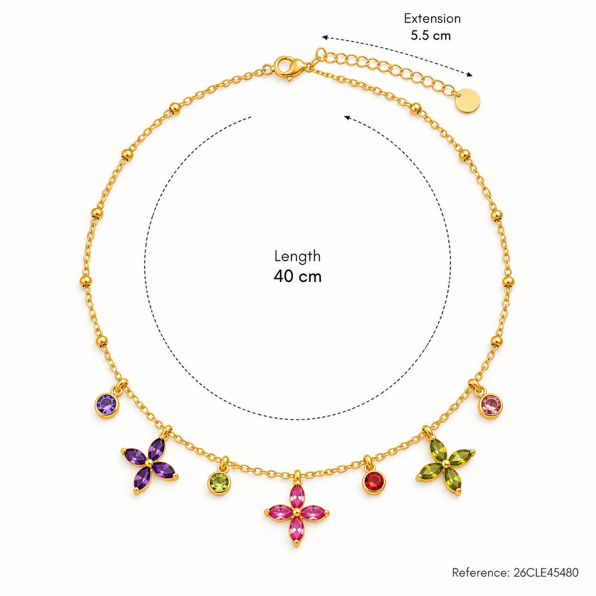 Goudkleurige Bloemenketting met Kleurrijke Zirkonia – RVS | TWINOLO