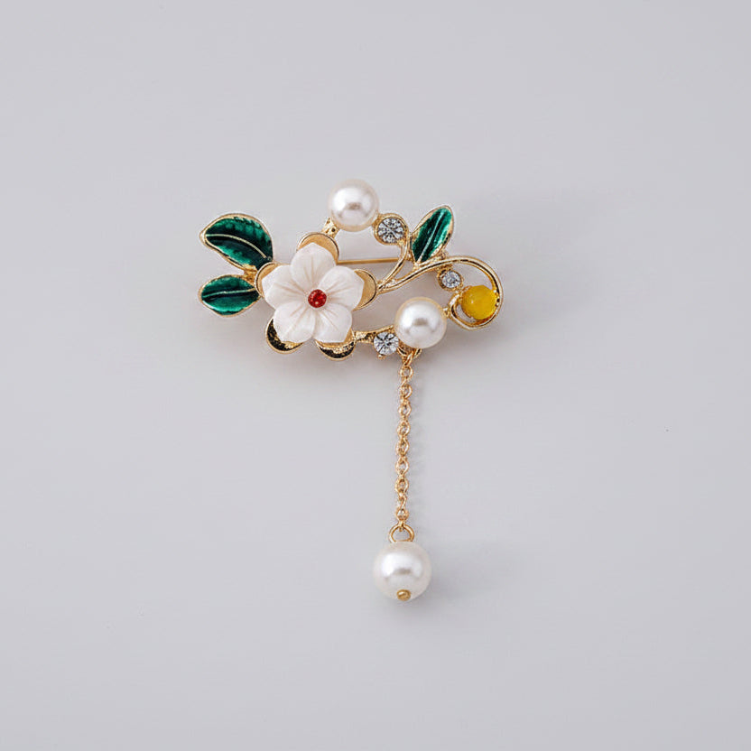 🌸 Bloemenbroche met Parel en Hangend Detail – Elegante Broche | Twinolo