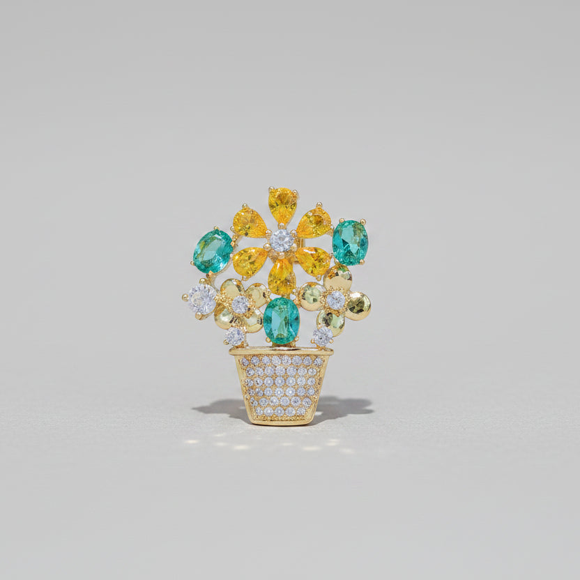 🌼 Flowerpot Brooch with Colourful Crystals – Gold-Coloured Women's Brooch | Twinolo