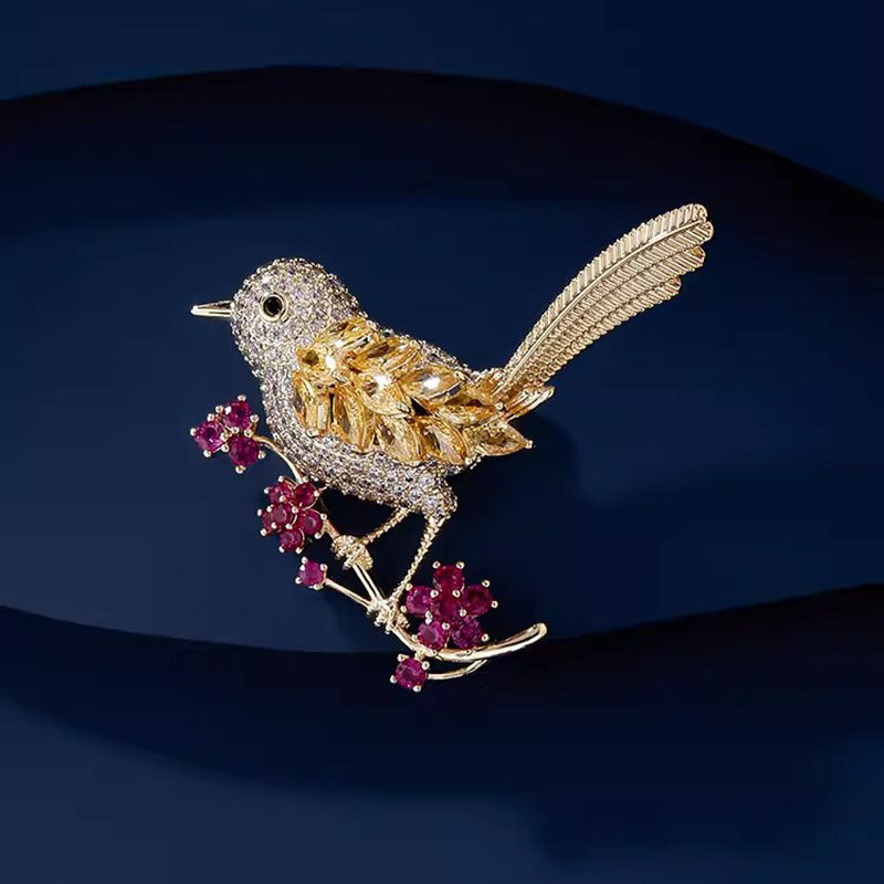 Broche oiseau avec cristaux et fleurs - Broche élégante | Twinolo