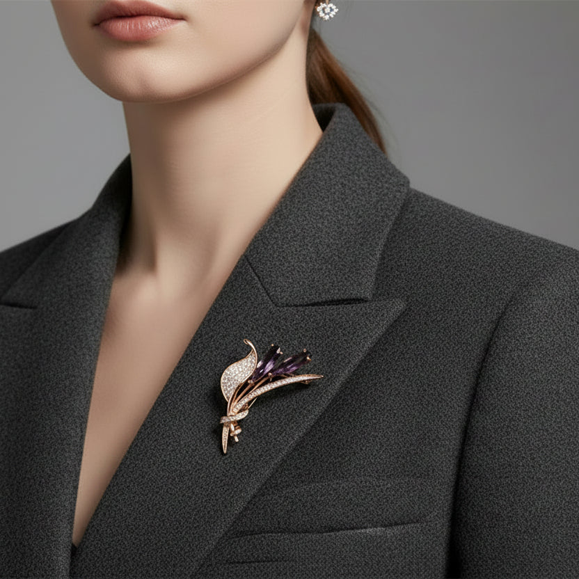 🌷 Broche Tulipe Or Rose avec Cristaux Violets | Twinolo