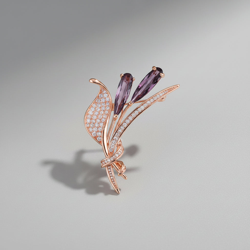 🌷 Broche Tulipe Or Rose avec Cristaux Violets | Twinolo