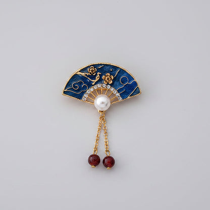 Waaierbroche Blauw met Parel en Hangende Details – Elegante Broche | Twinolo