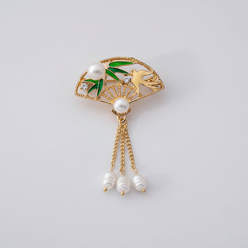 Waaierbroche Groen & Goud met Parels – Luxe Elegante Broche | Twinolo