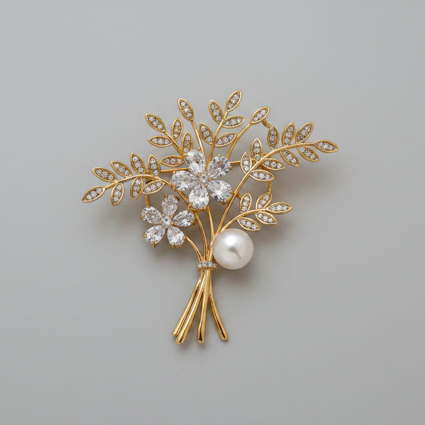 💐 Gouden Bloemenboeket Broche met Parel en Kristallen | Twinolo