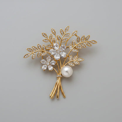 💐 Gouden Bloemenboeket Broche met Parel en Kristallen | Twinolo