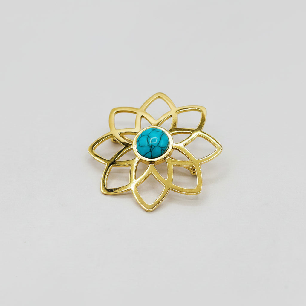 Gold-coloured Flower Brooch with Turquoise Detail | Twinolo
