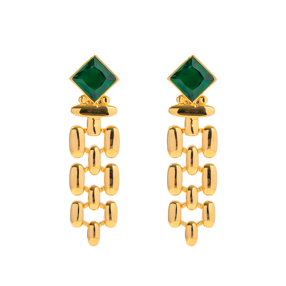 Schakel Oorbellen met Vierkante Groene Steen – Klassiek Design | Twinolo