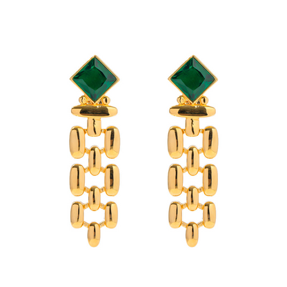 Schakel Oorbellen met Vierkante Groene Steen – Klassiek Design | Twinolo